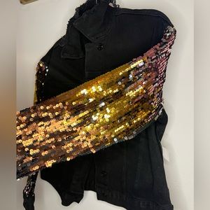 Sequin black jean jacket with distressed collar